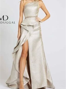 Mac Duggal One-Shoulder Metallic Champagne Gown with Ruffle & Thigh Slit